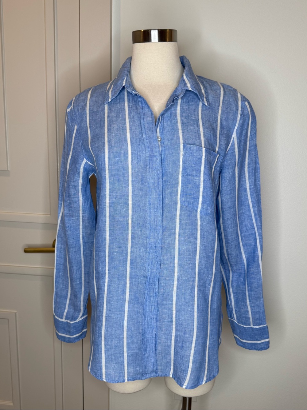 Linen Blue & White Vertical Stripe Button-Up Shirt